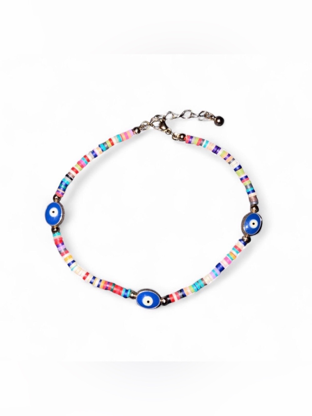 Evil Eye Colorful Beaded Anklet With Gold Clasp